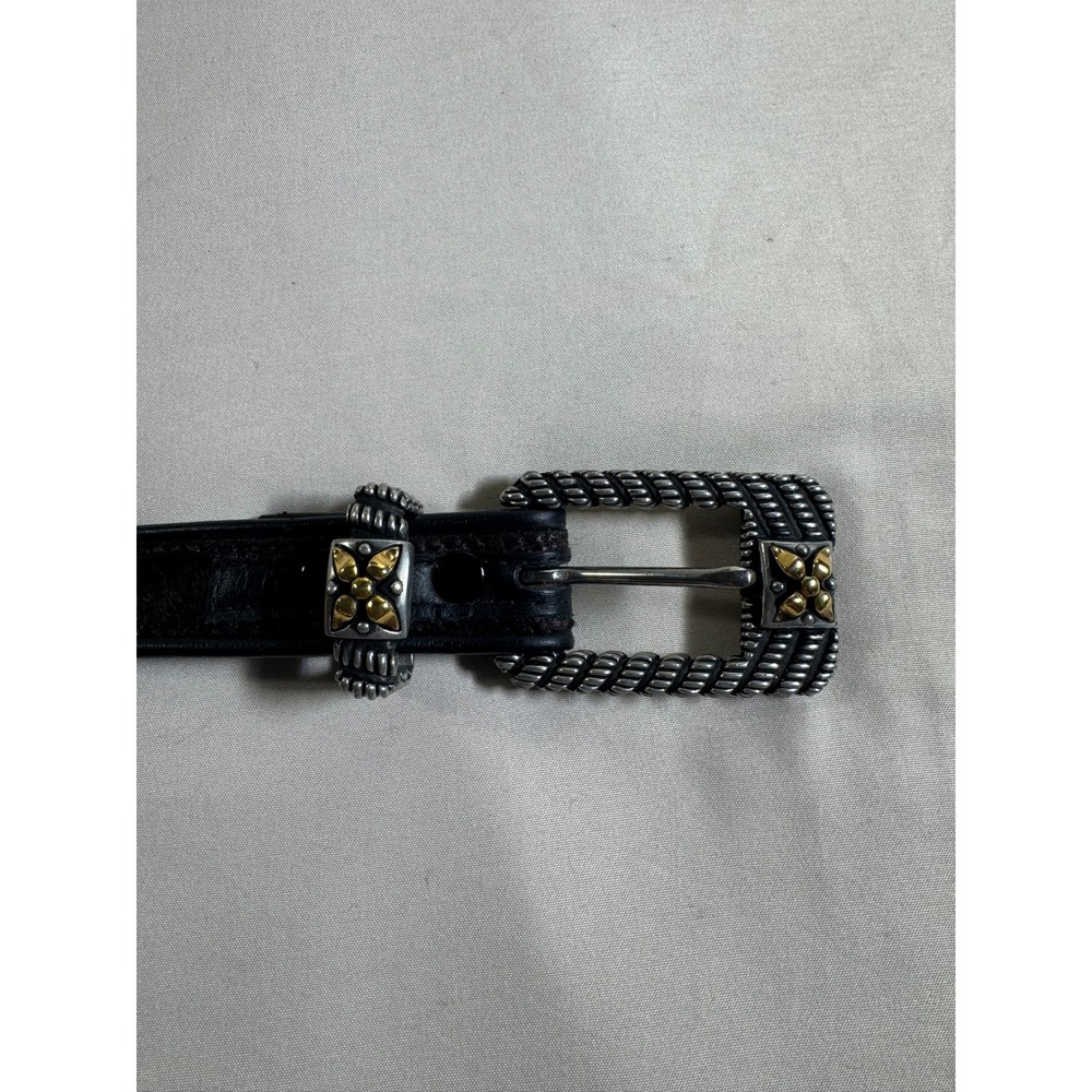 Vicenza Black Italian Calfskin Leather Belt Silver Rope Buckle Gold Accents